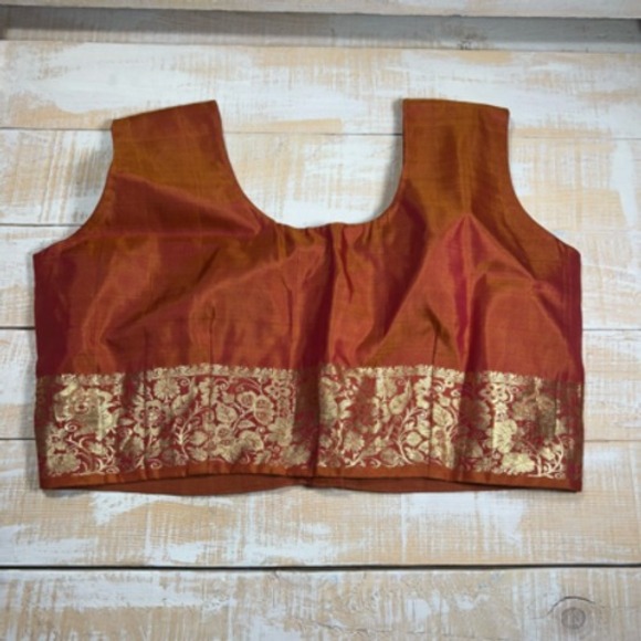 Womens Saree Blouse Orange Gold Floral Hook And Eye Scoop Neck XS - Picture 1 of 12